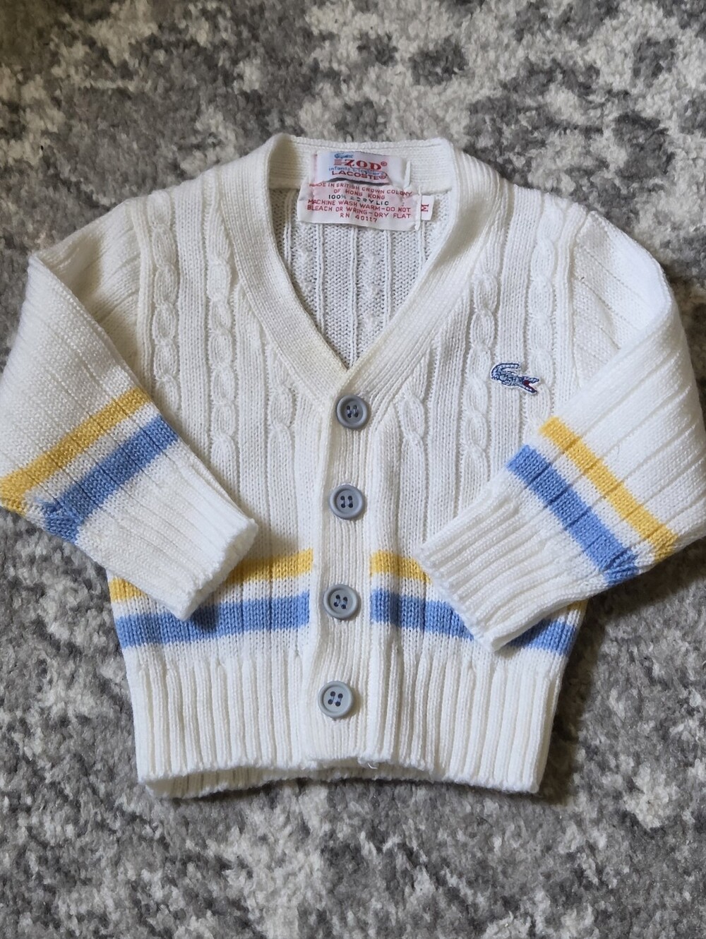 VTG 70s Izod Lacoste Baby Cardigan 12-18M Striped Cricket Cable Knit Sweater